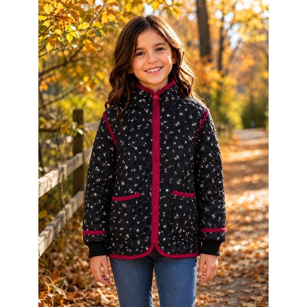 Free Assembly Girls M 7/8 Quilted Floral Jacket Black Burgundy Lightweight